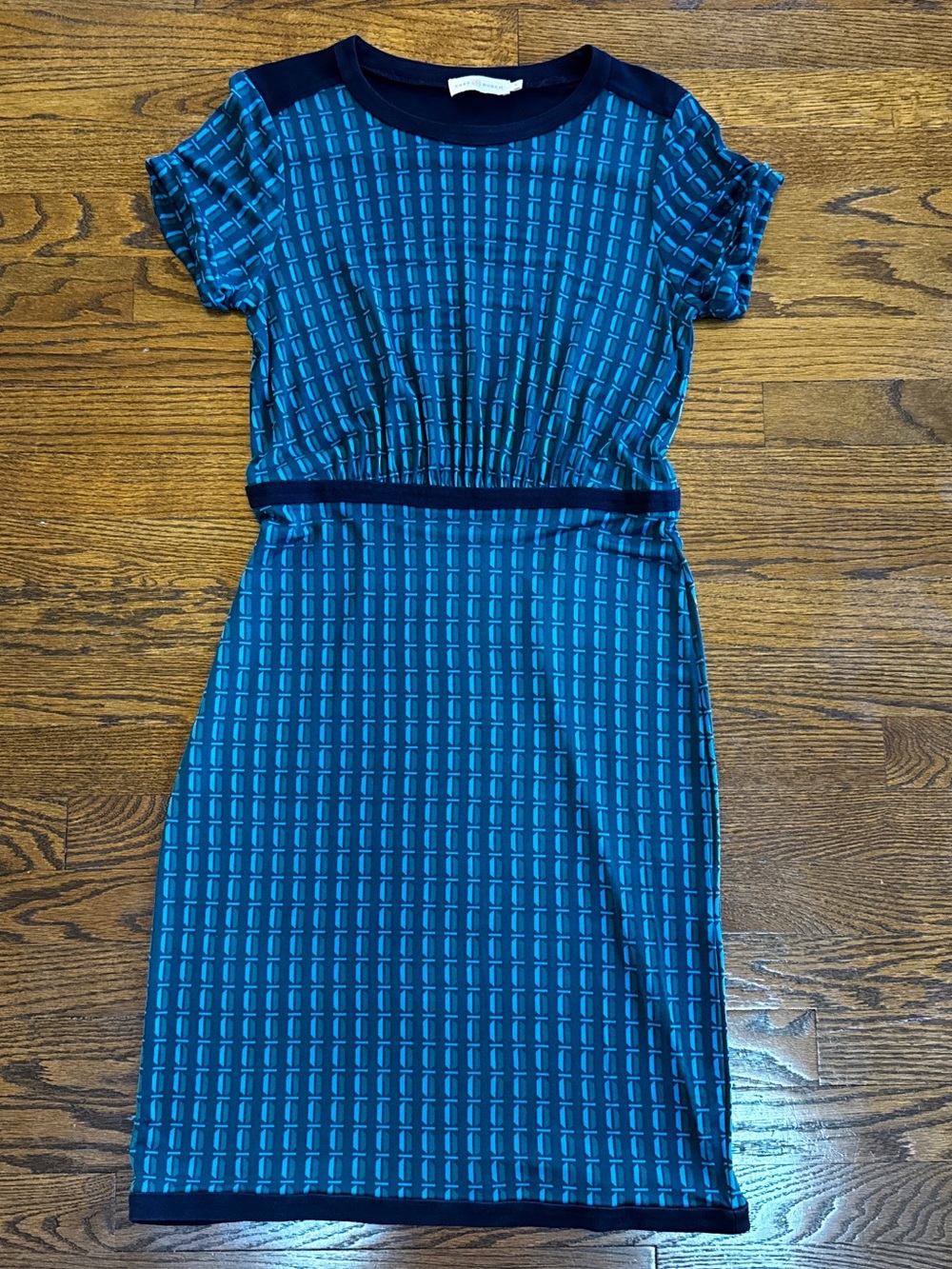 Torry Burch Teal Patterned Short-Sleeve Silk Sheath Dress in M